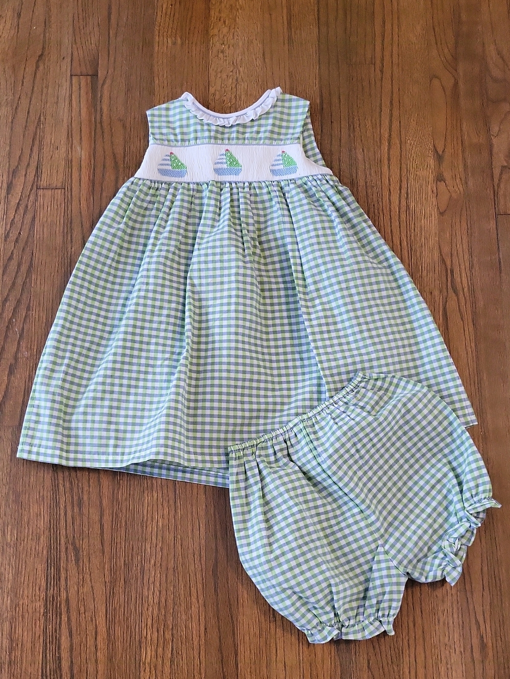 Petit Ami Blue and Green Gingham Baby Dress With Diaper Cover